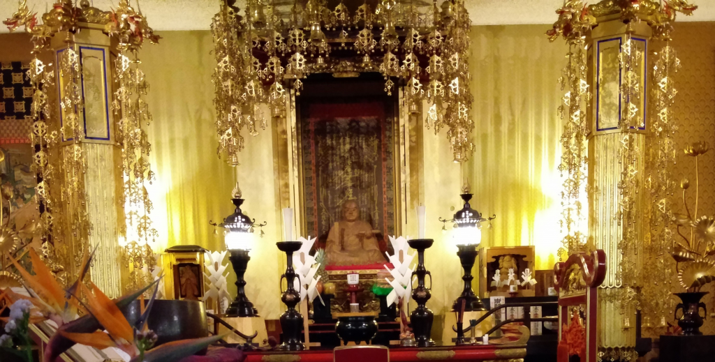 Decorations framing the altar at the Sacramento Nichiren Buddhist Church